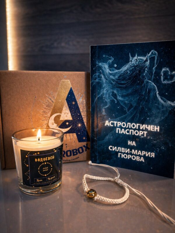 AstroBox комплект с астрологичен паспорт, ароматна свещ и гривна със зодиакален знак
