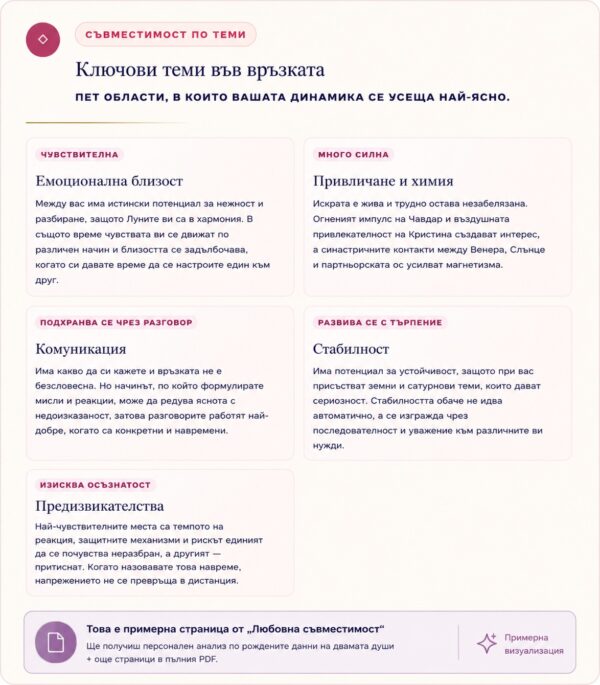 Любовна съвместимост – ключови теми във връзката, емоционална близост, привличане и комуникация между двама партньори.